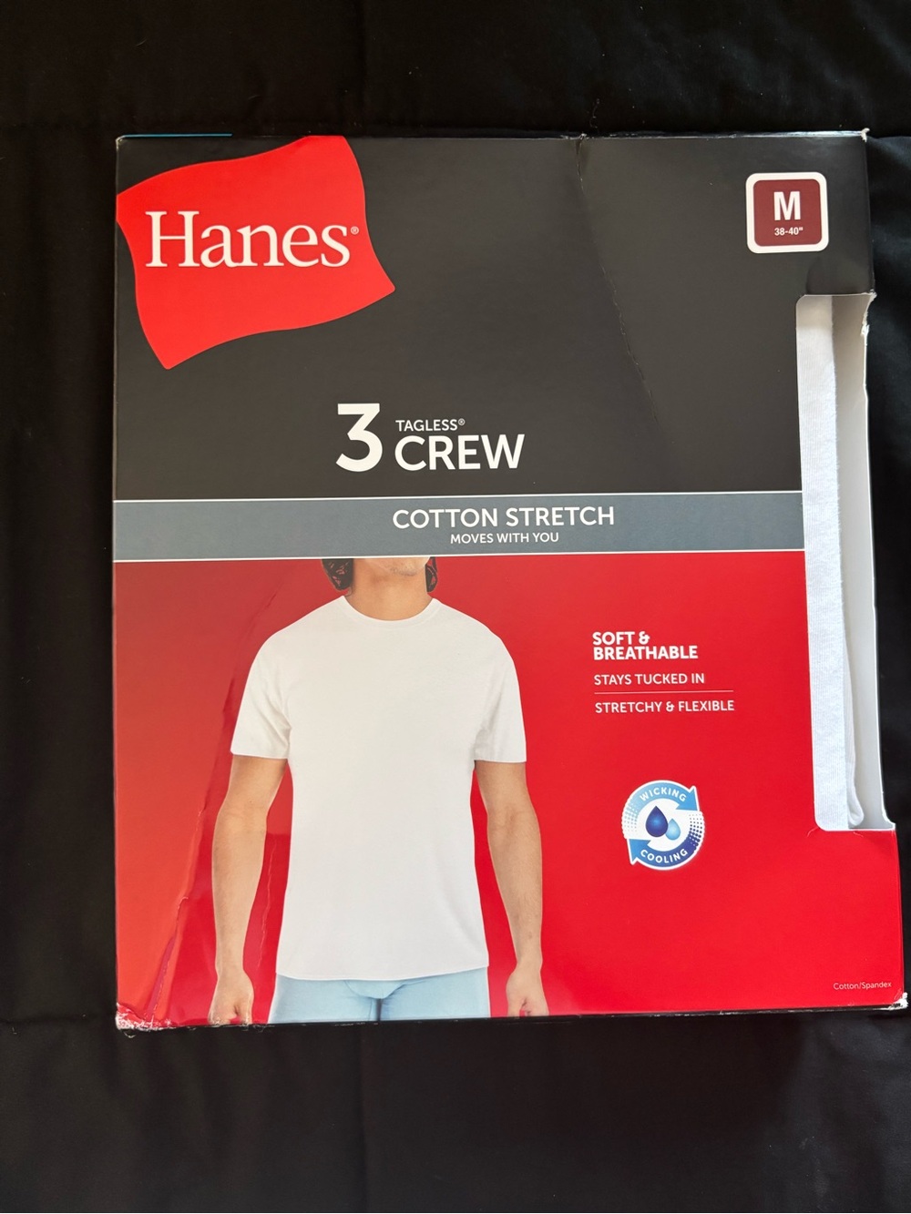 NIB Hanes Men's White Cotton Stretch Crew Neck T-Shirt - Tagless, Size Medium